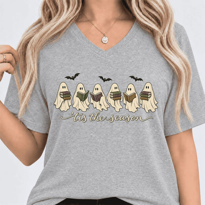 'Tis The Season Reading Ghosts Ultra-Soft V-Neck | Halloween Book Lover Gift Athletic Heather
