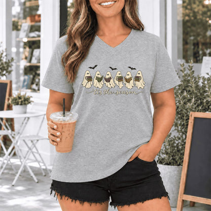 'Tis The Season Reading Ghosts Ultra-Soft V-Neck | Halloween Book Lover Gift Athletic Heather
