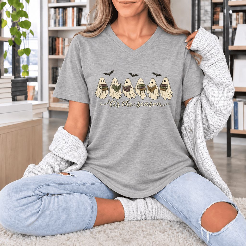 'Tis The Season Reading Ghosts Ultra-Soft V-Neck | Halloween Book Lover Gift Athletic Heather