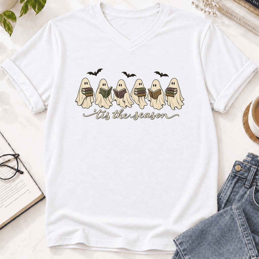 'Tis The Season Reading Ghosts Ultra-Soft V-Neck | Halloween Book Lover Gift White