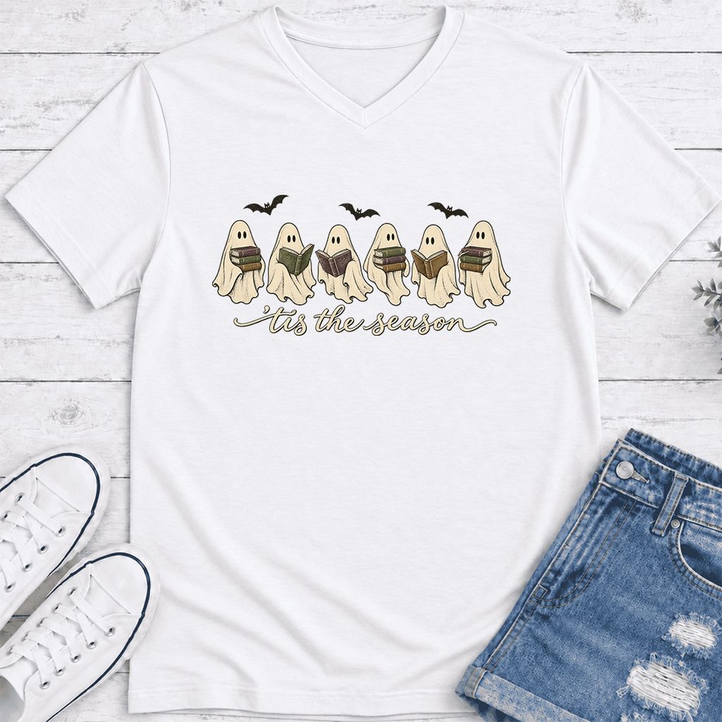 'Tis The Season Reading Ghosts Ultra-Soft V-Neck | Halloween Book Lover Gift White