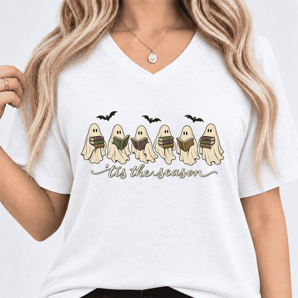 'Tis The Season Reading Ghosts Ultra-Soft V-Neck | Halloween Book Lover Gift White