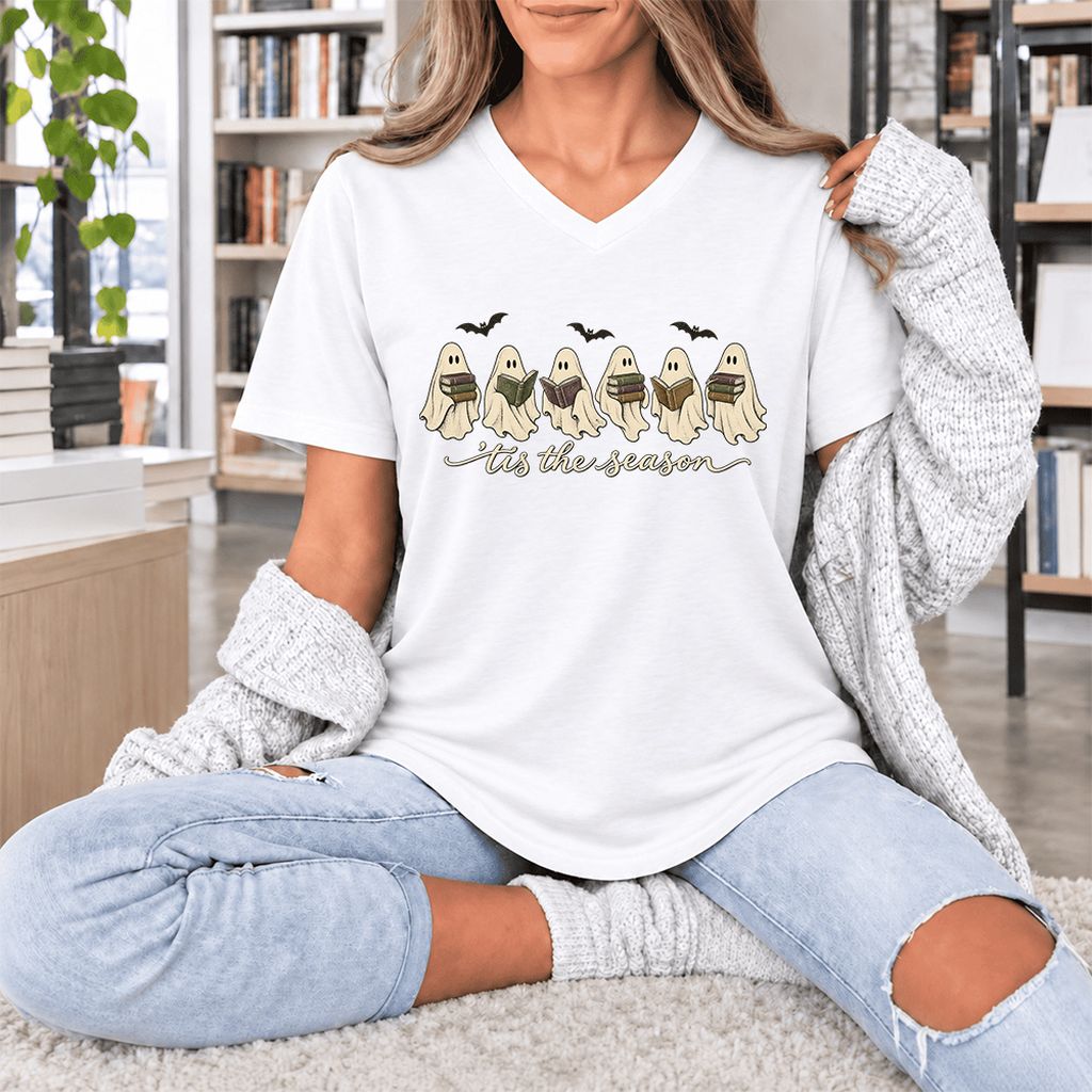 'Tis The Season Reading Ghosts Ultra-Soft V-Neck | Halloween Book Lover Gift White