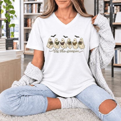 'Tis The Season Reading Ghosts Ultra-Soft V-Neck | Halloween Book Lover Gift White