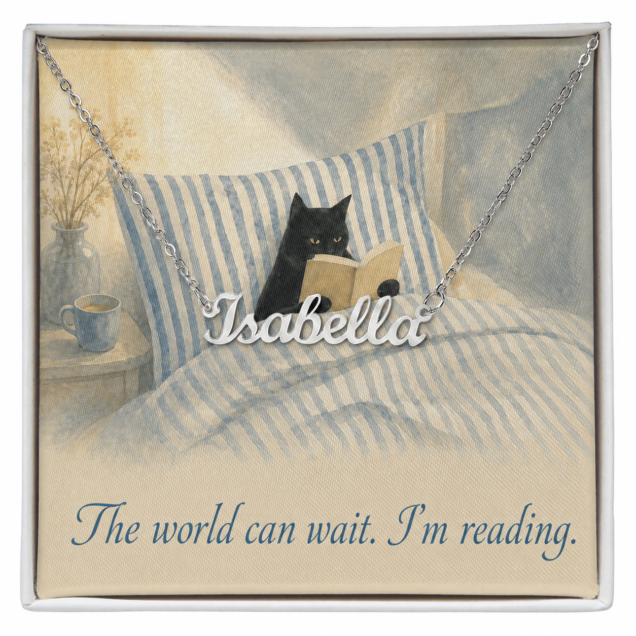 Cat Reading Custom Name Stainless Steel Necklace Book Lover Gift