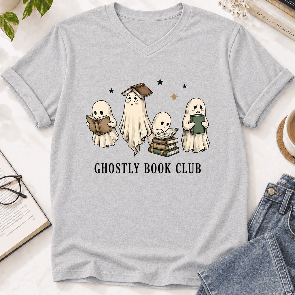 Ghostly Book Club Ultra-Soft V-Neck | Spooky Book Lover Gift Ash