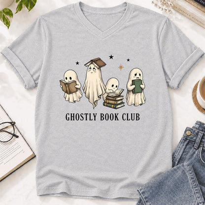 Ghostly Book Club Ultra-Soft V-Neck | Spooky Book Lover Gift Ash