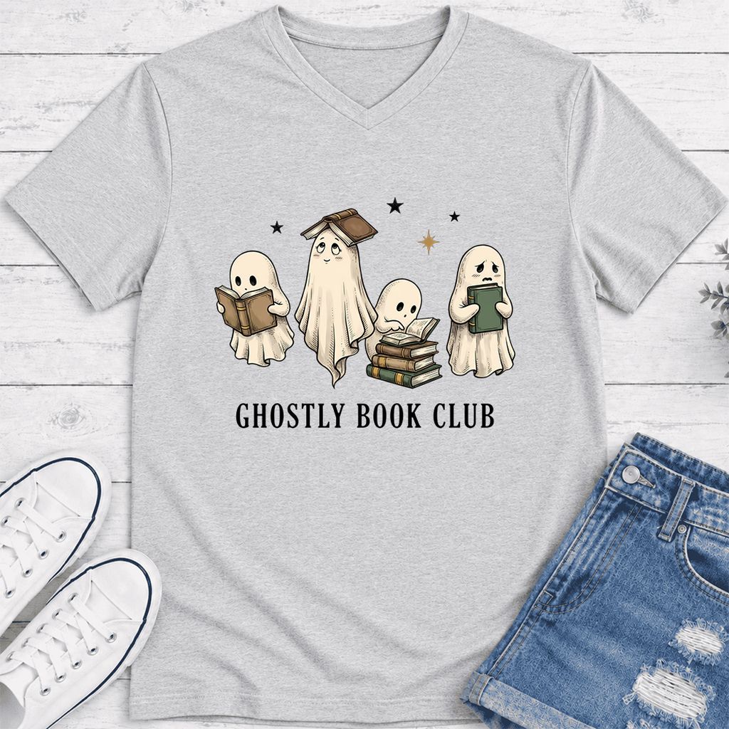Ghostly Book Club Ultra-Soft V-Neck | Spooky Book Lover Gift Ash