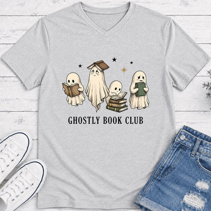 Ghostly Book Club Ultra-Soft V-Neck | Spooky Book Lover Gift Ash