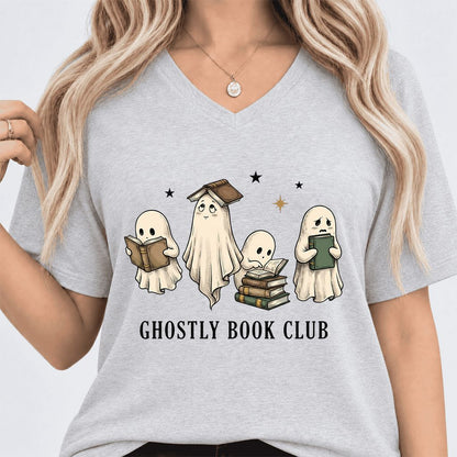 Ghostly Book Club Ultra-Soft V-Neck | Spooky Book Lover Gift Ash