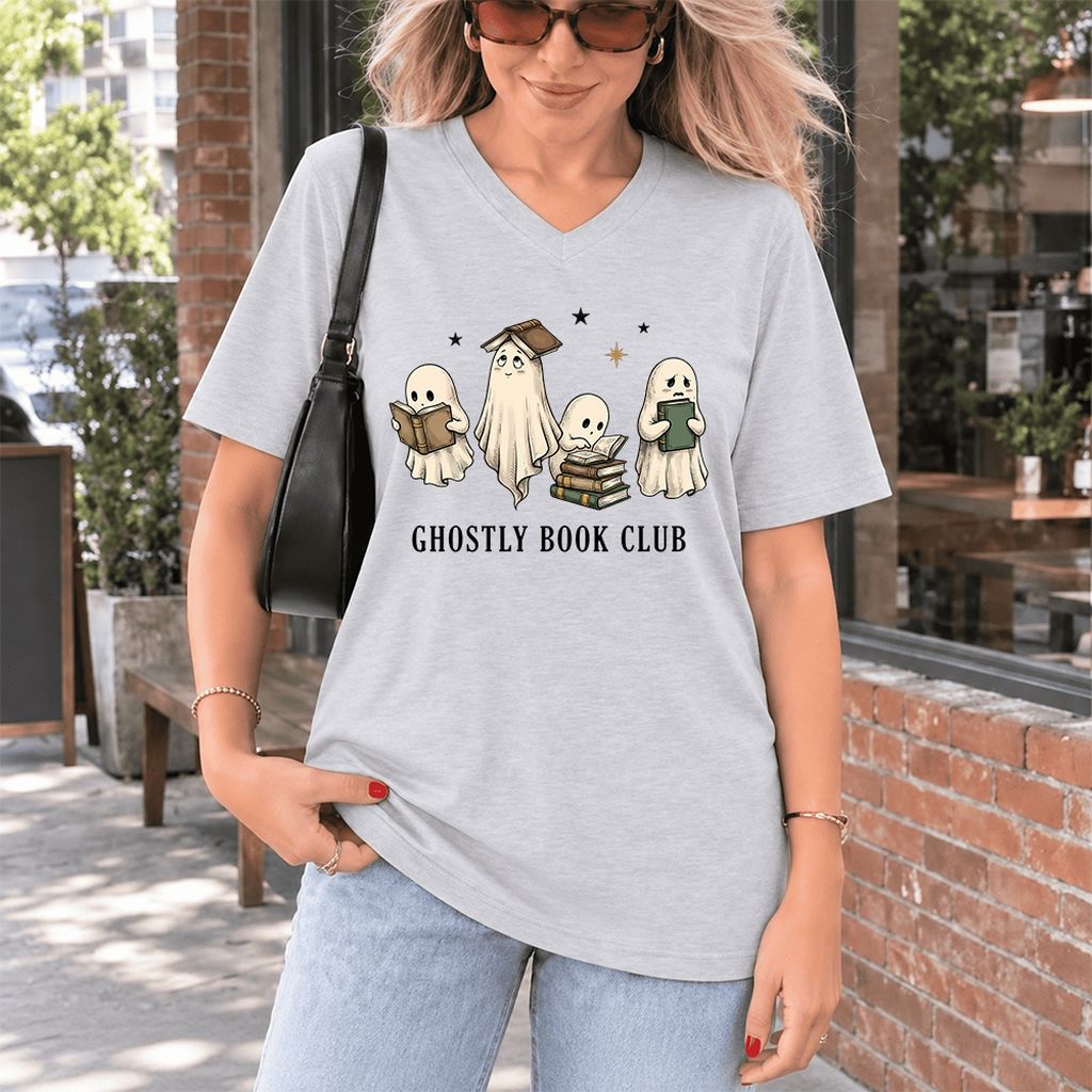 Ghostly Book Club Ultra-Soft V-Neck | Spooky Book Lover Gift Ash