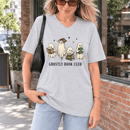 Ghostly Book Club Ultra-Soft V-Neck | Spooky Book Lover Gift Ash