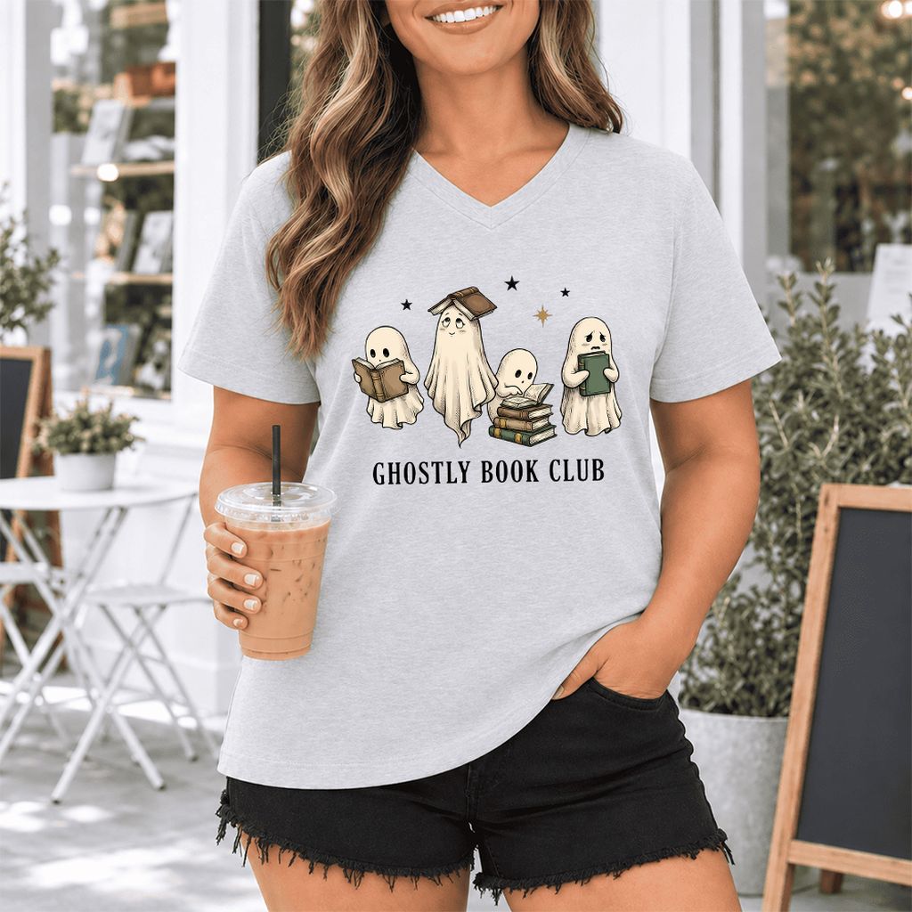 Ghostly Book Club Ultra-Soft V-Neck | Spooky Book Lover Gift Ash