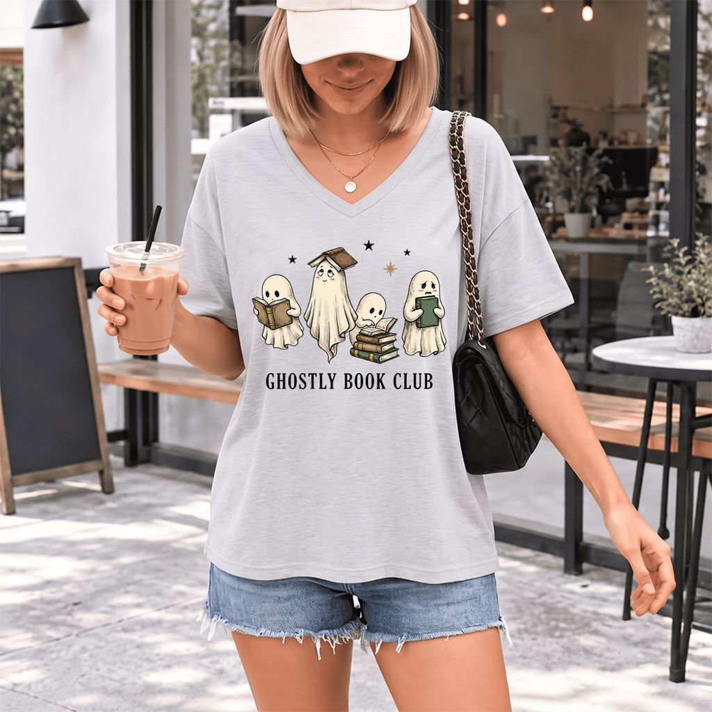 Ghostly Book Club Ultra-Soft V-Neck | Spooky Book Lover Gift Ash