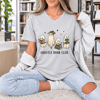 Ghostly Book Club Ultra-Soft V-Neck | Spooky Book Lover Gift Ash
