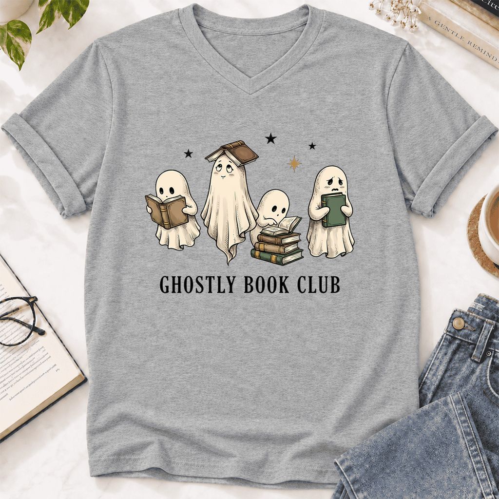 Ghostly Book Club Ultra-Soft V-Neck | Spooky Book Lover Gift Athletic Heather