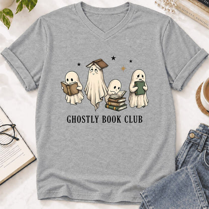 Ghostly Book Club Ultra-Soft V-Neck | Spooky Book Lover Gift Athletic Heather