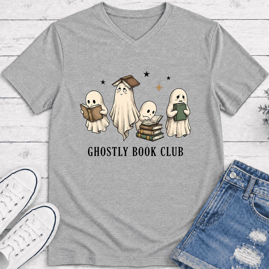 Ghostly Book Club Ultra-Soft V-Neck | Spooky Book Lover Gift Athletic Heather