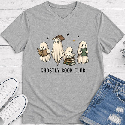 Ghostly Book Club Ultra-Soft V-Neck | Spooky Book Lover Gift Athletic Heather