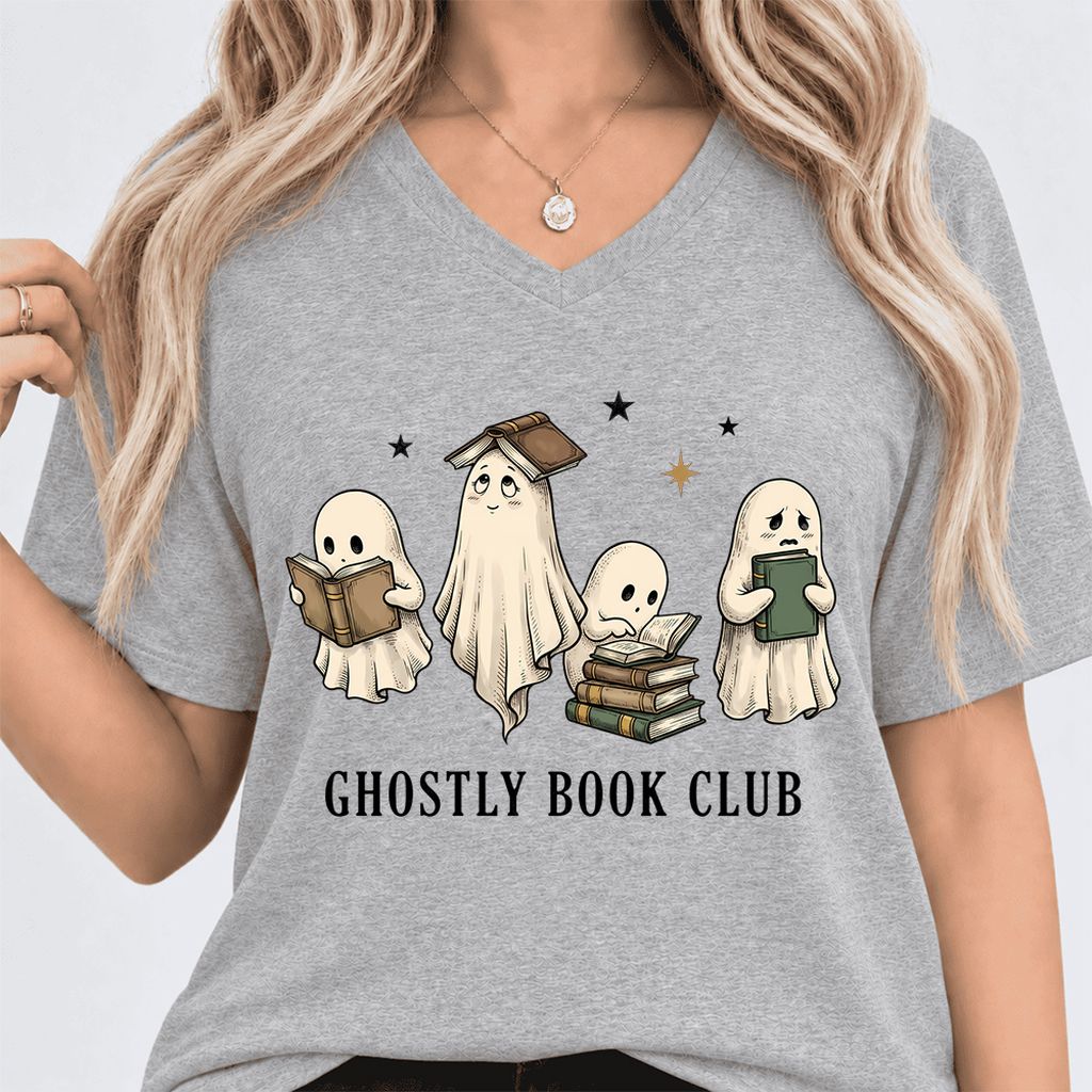 Ghostly Book Club Ultra-Soft V-Neck | Spooky Book Lover Gift Athletic Heather