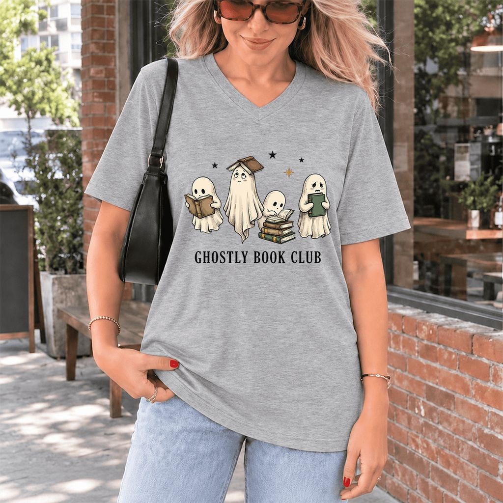 Ghostly Book Club Ultra-Soft V-Neck | Spooky Book Lover Gift Athletic Heather