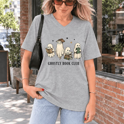 Ghostly Book Club Ultra-Soft V-Neck | Spooky Book Lover Gift Athletic Heather