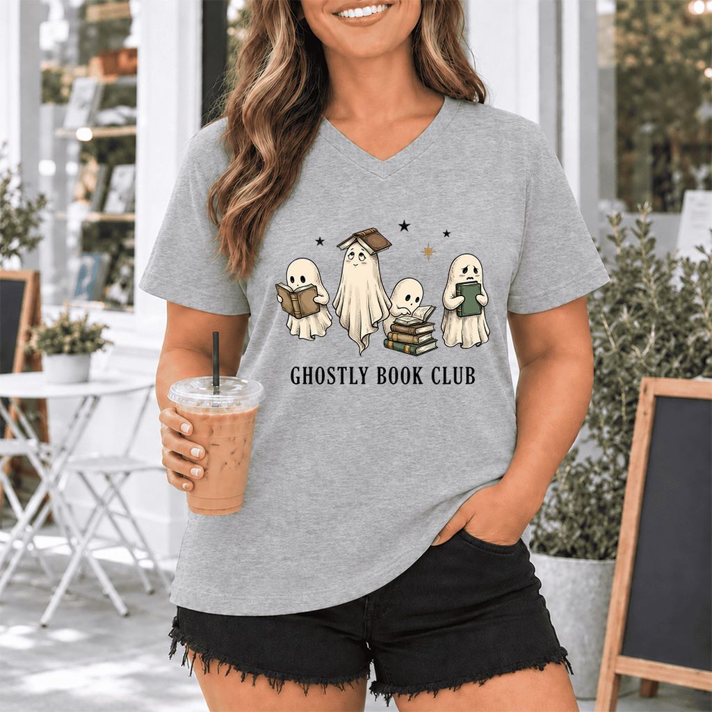 Ghostly Book Club Ultra-Soft V-Neck | Spooky Book Lover Gift Athletic Heather