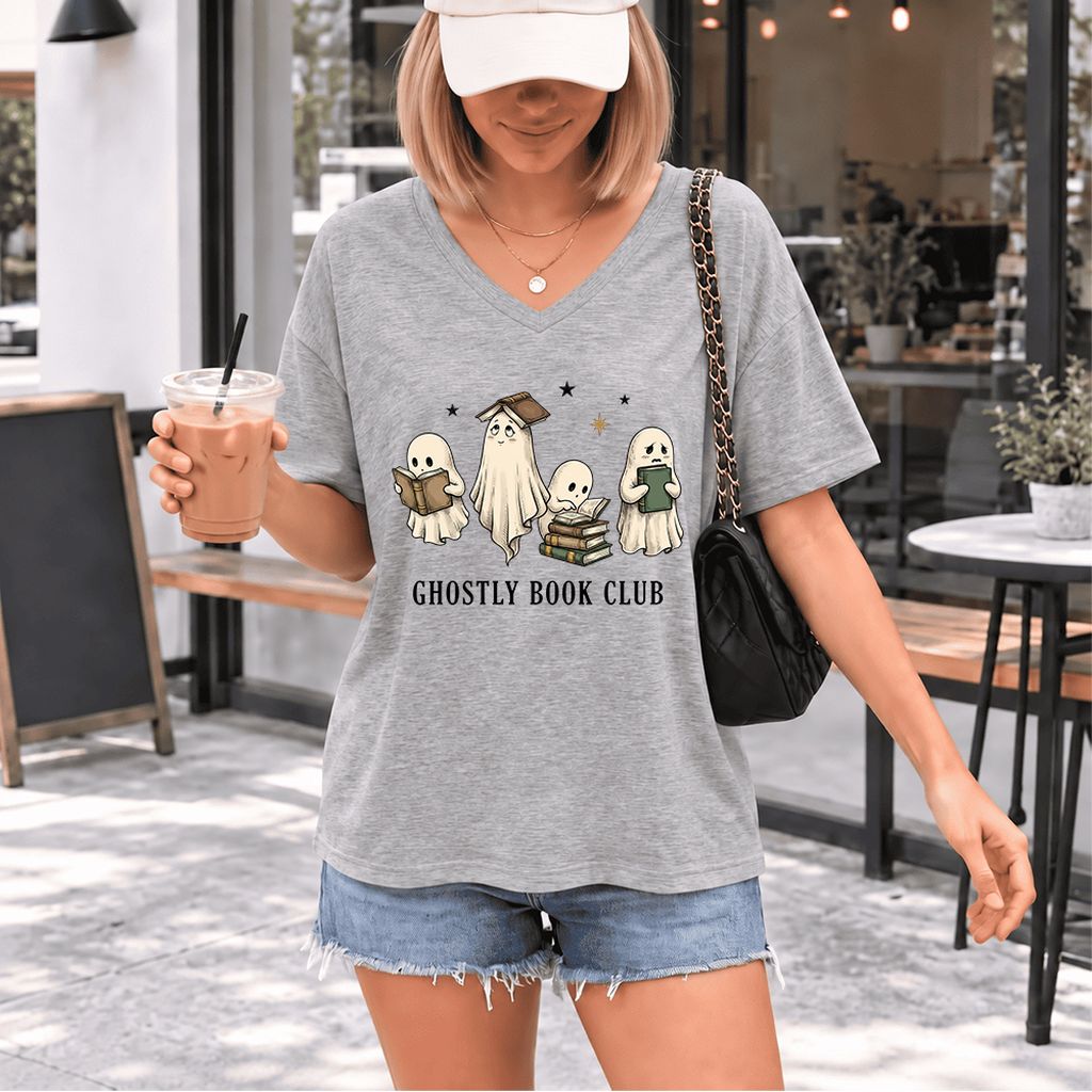 Ghostly Book Club Ultra-Soft V-Neck | Spooky Book Lover Gift Athletic Heather