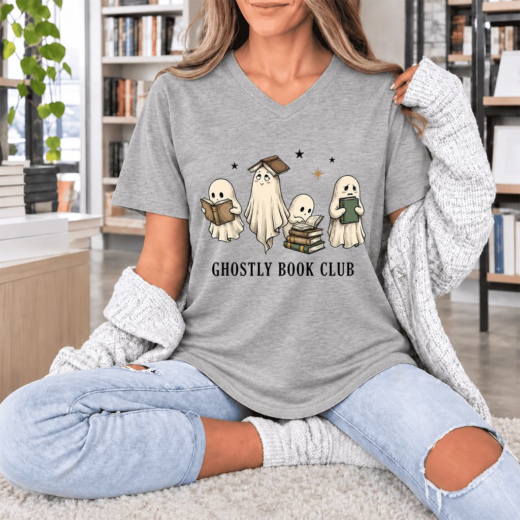Ghostly Book Club Ultra-Soft V-Neck | Spooky Book Lover Gift Athletic Heather