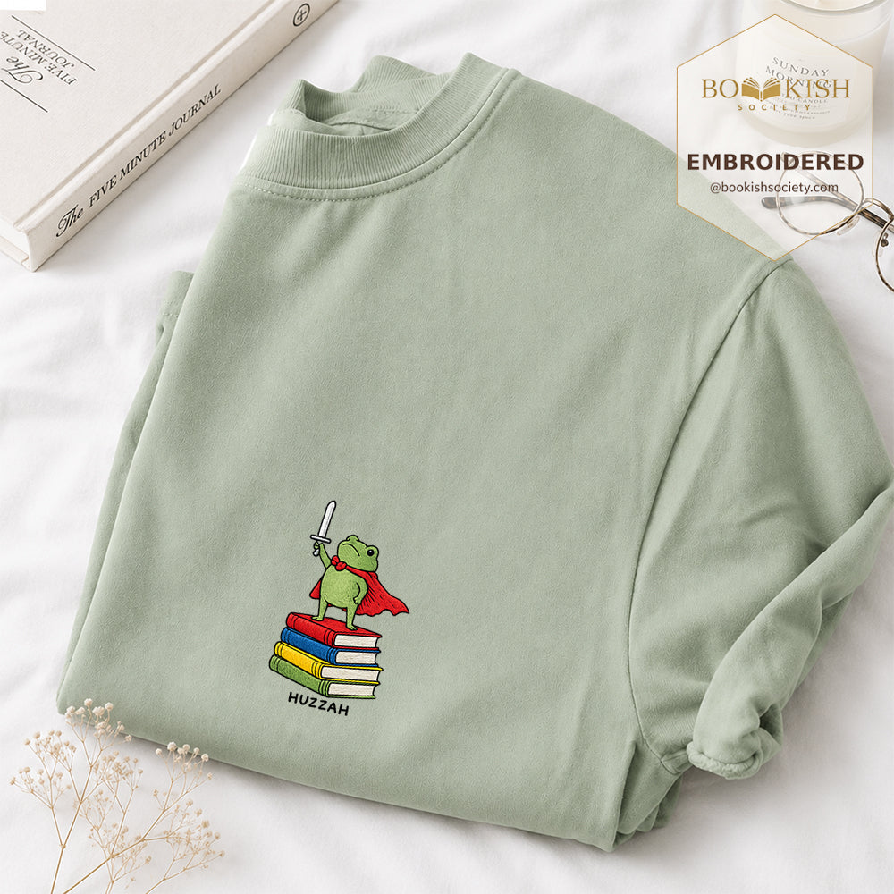 Embroidered Huzzah Cute Frog Comfort Color ® T-shirt Book Lover Gift Bay