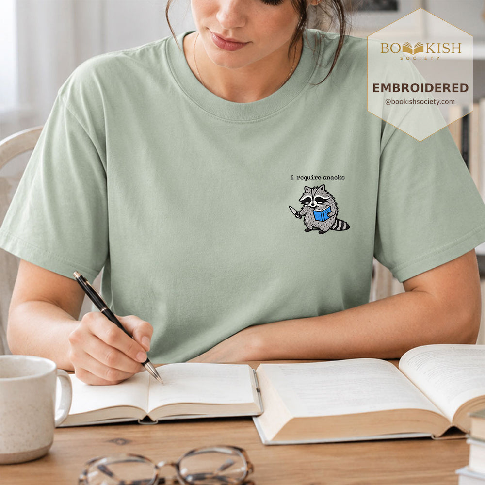 Embroidered I Require Snacks Comfort Color ® T-shirt Book Lover Gift Bay