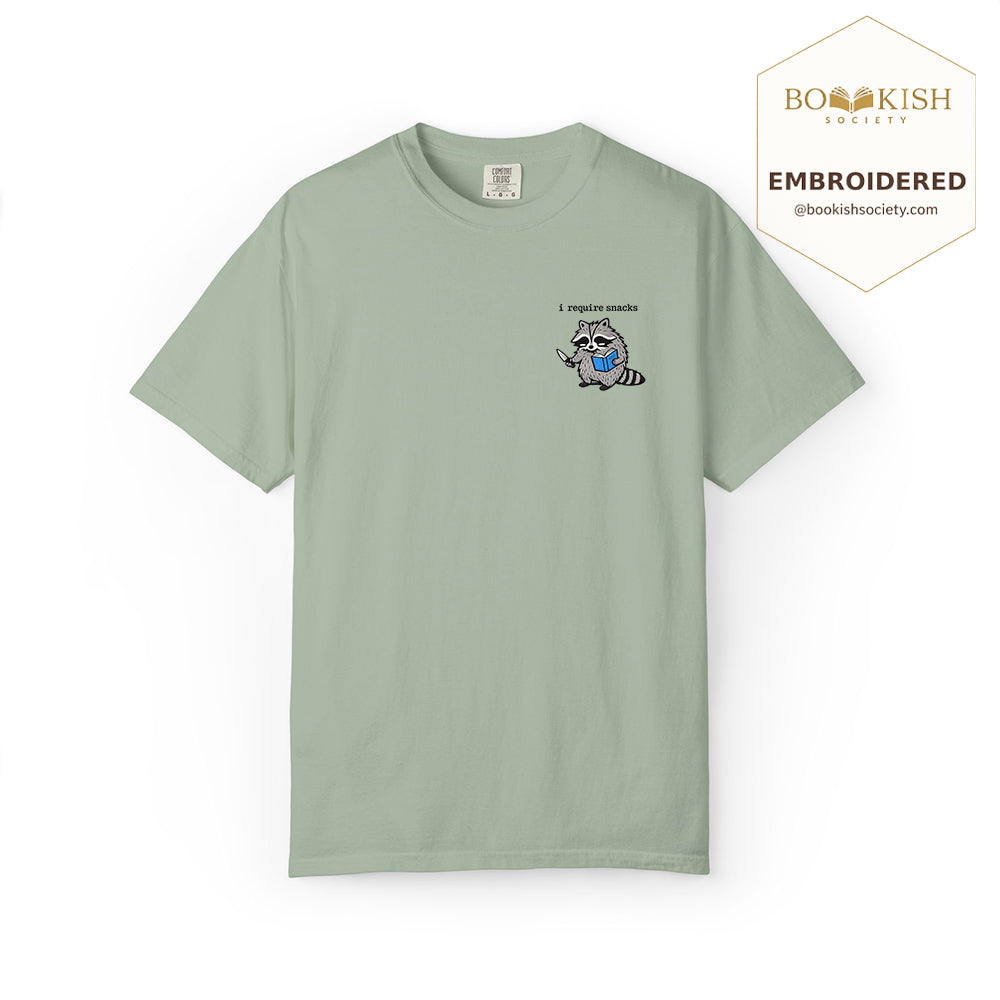 Embroidered I Require Snacks Comfort Color ® T-shirt Book Lover Gift Bay