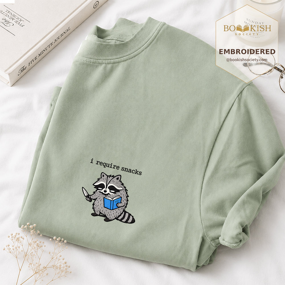 Embroidered I Require Snacks Comfort Color ® T-shirt Book Lover Gift Bay