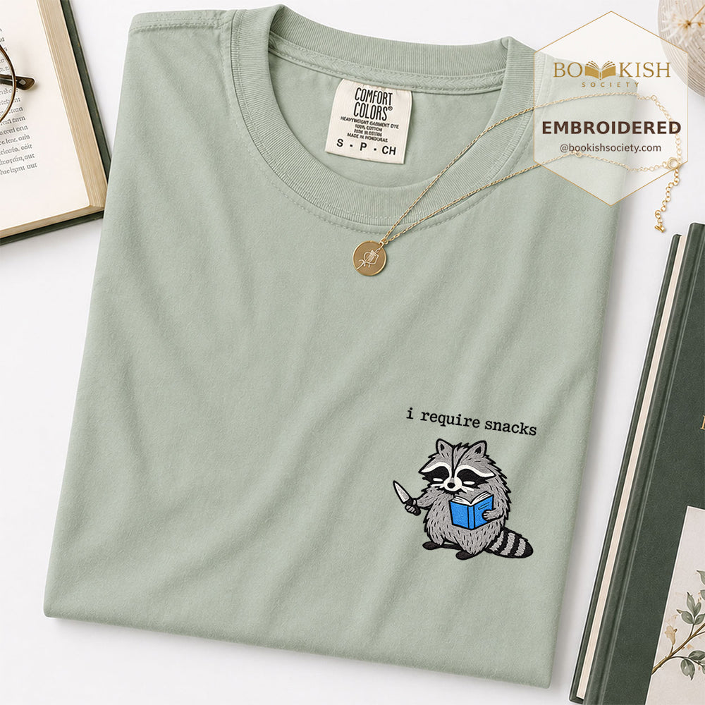 Embroidered I Require Snacks Comfort Color ® T-shirt Book Lover Gift Bay