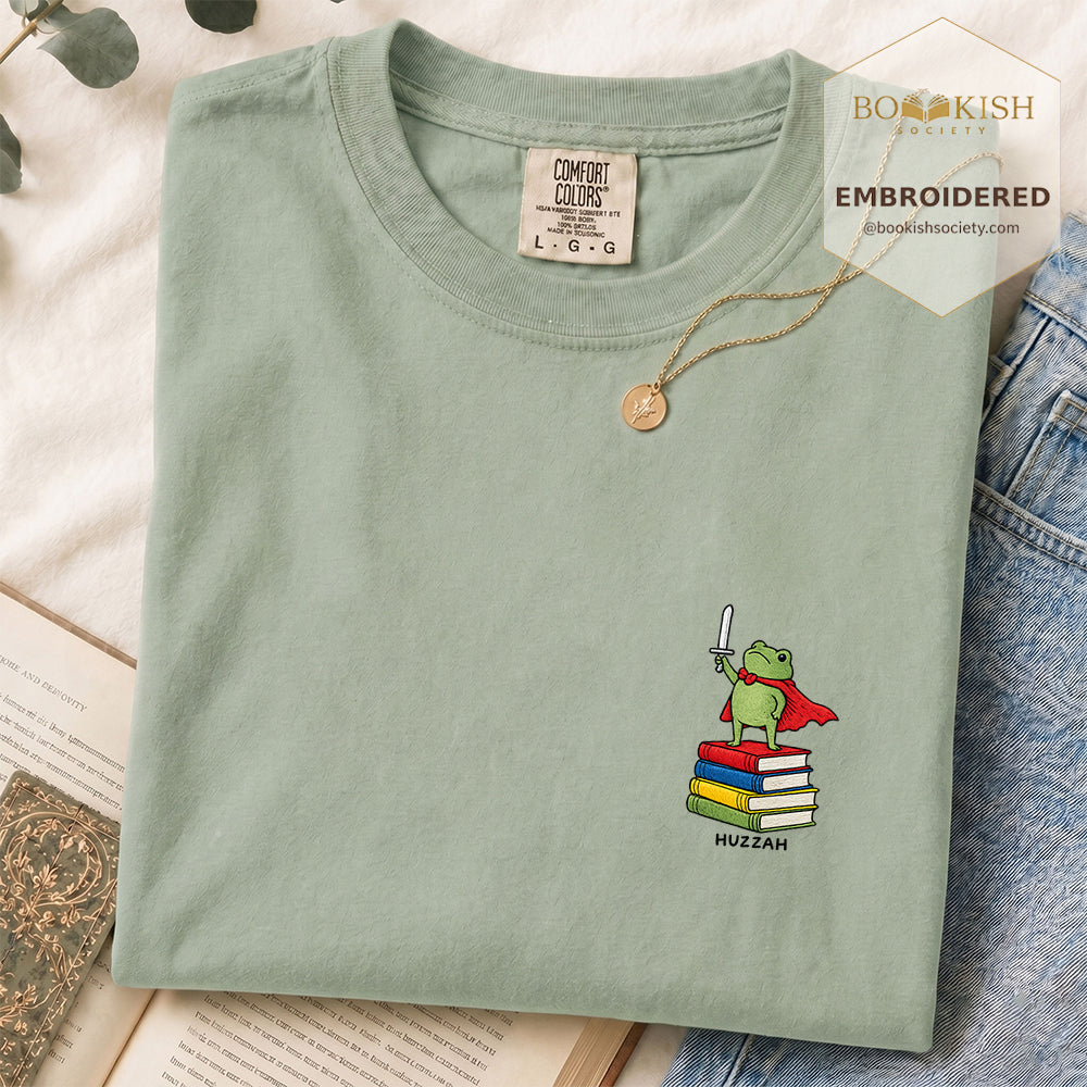 Embroidered Huzzah Cute Frog Comfort Color ® T-shirt Book Lover Gift Bay