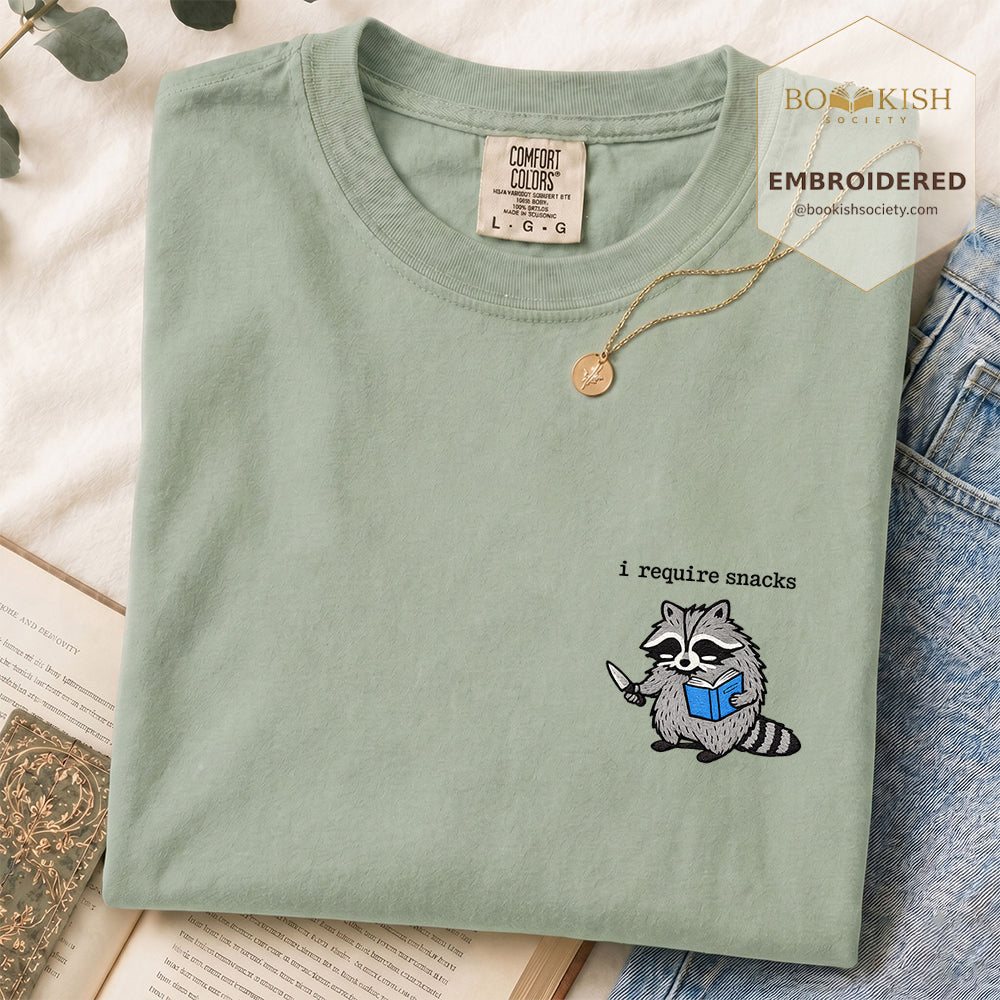 Embroidered I Require Snacks Comfort Color ® T-shirt Book Lover Gift Bay