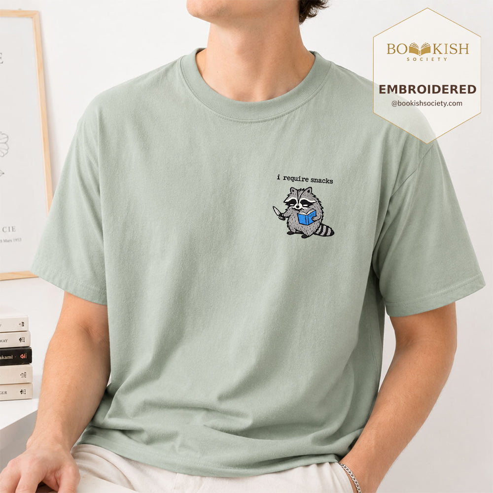 Embroidered I Require Snacks Comfort Color ® T-shirt Book Lover Gift Bay