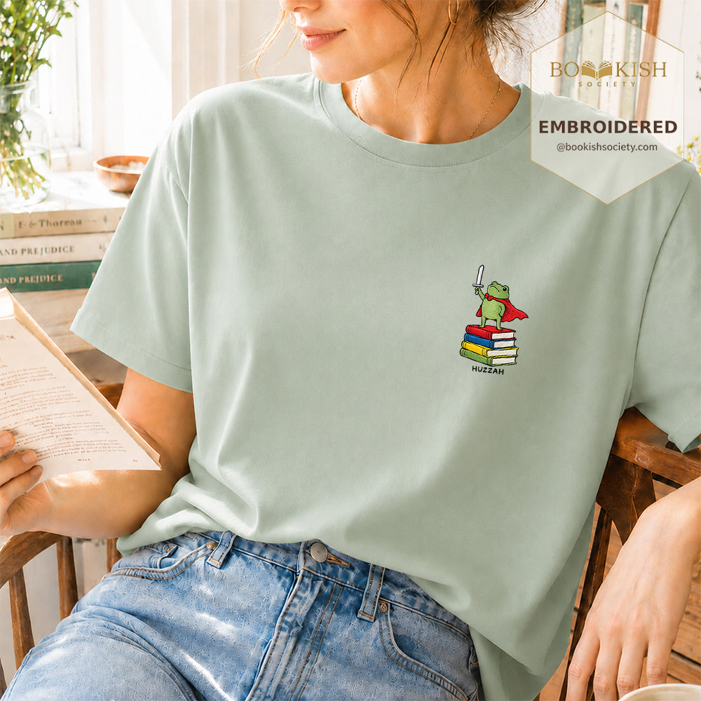 Embroidered Huzzah Cute Frog Comfort Color ® T-shirt Book Lover Gift Bay