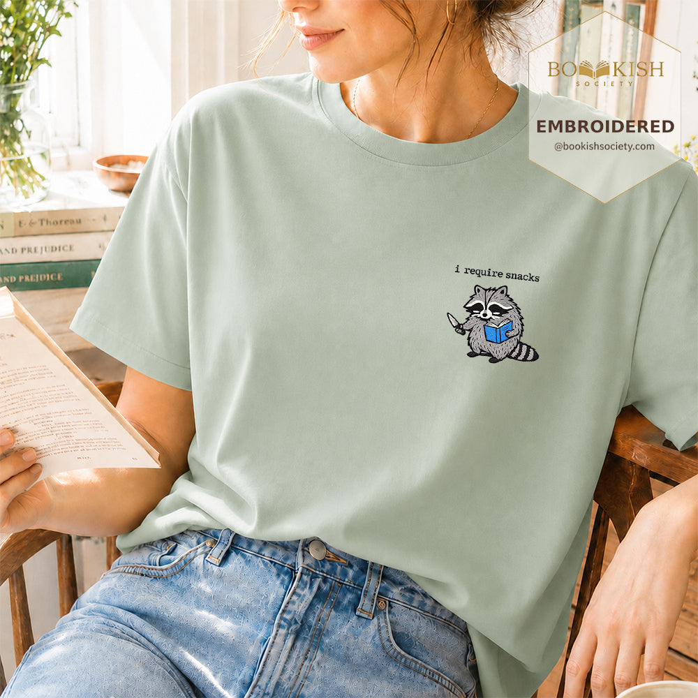 Embroidered I Require Snacks Comfort Color ® T-shirt Book Lover Gift Bay