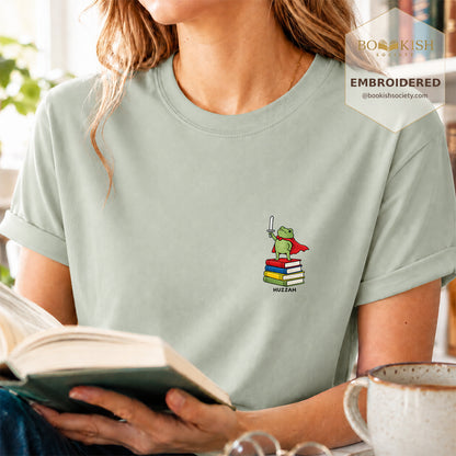 Embroidered Huzzah Cute Frog Comfort Color ® T-shirt Book Lover Gift Bay