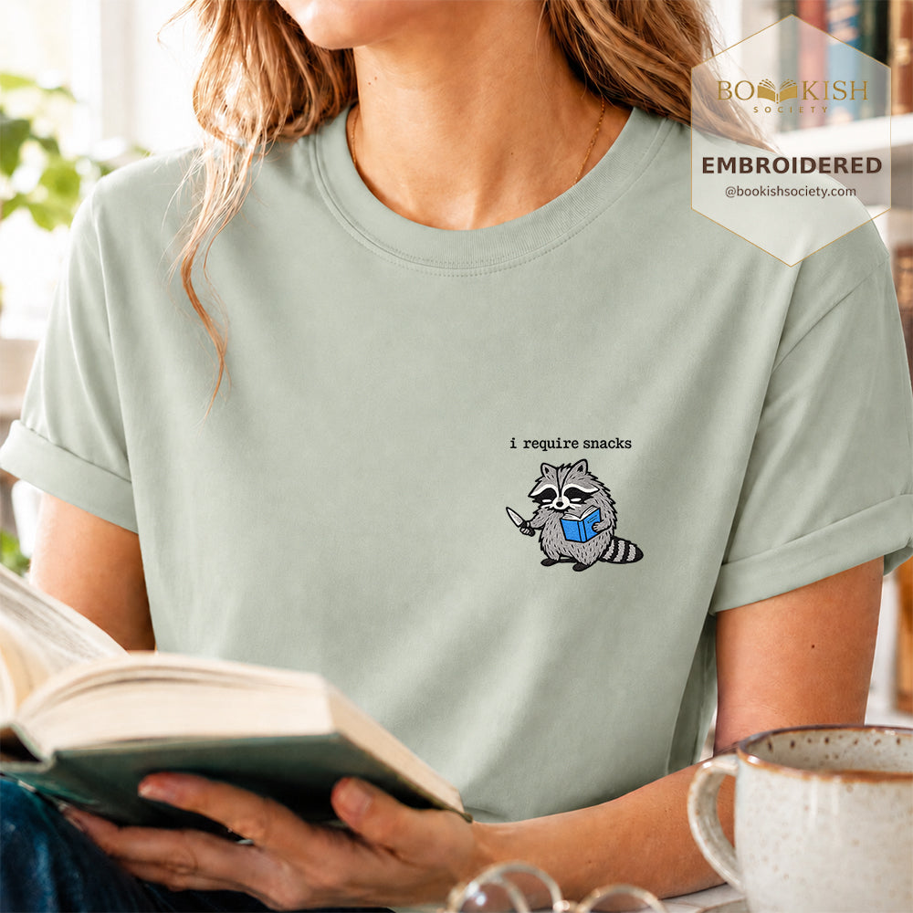 Embroidered I Require Snacks Comfort Color ® T-shirt Book Lover Gift Bay