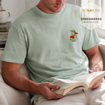 Embroidered Huzzah Cute Frog Comfort Color ® T-shirt Book Lover Gift Bay