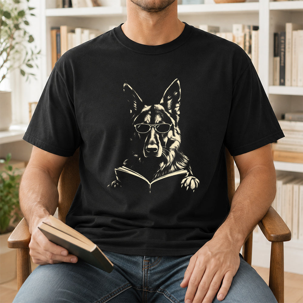 German Shepherd Reading Book Softstyle T-Shirt | Book Lover Gift Black