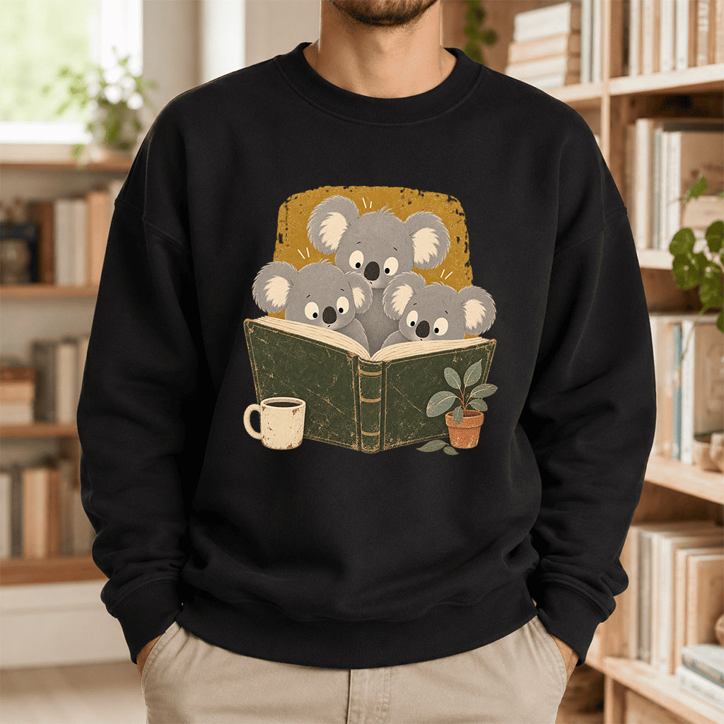 Minimal Japanese Koalas Reading Crewneck Sweatshirt | Reader Gift Black