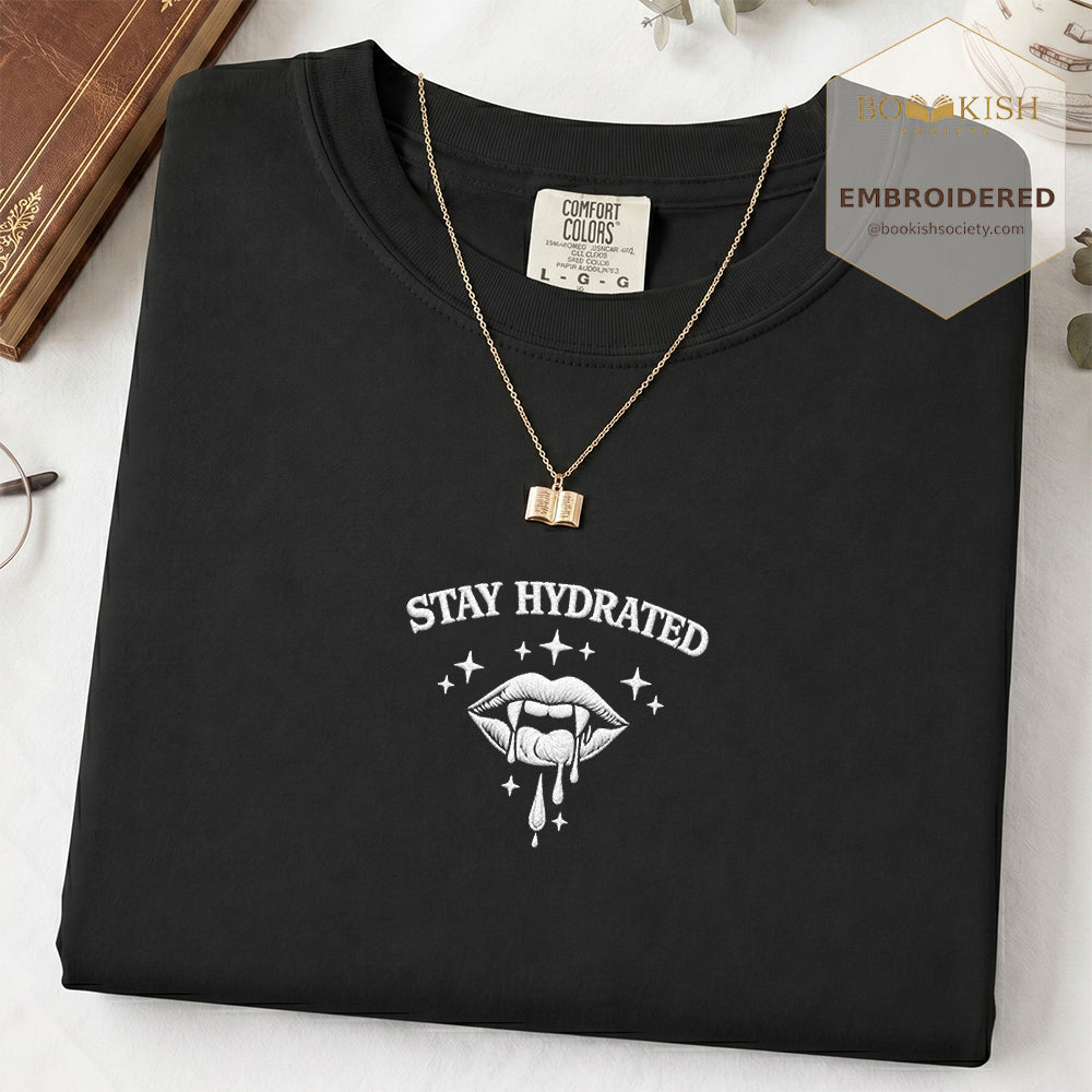 Embroidered Stay Hydrated Comfort Color ® T-shirt Book Lover Gift Black