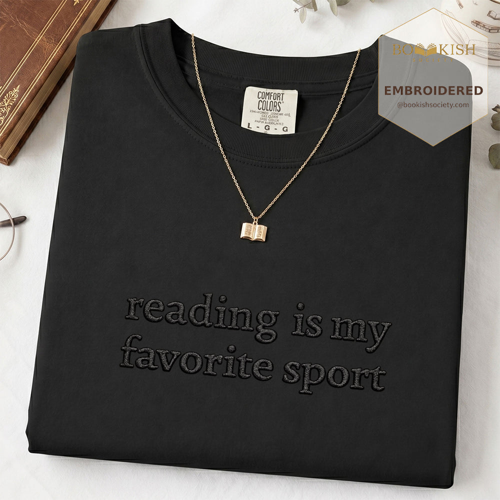 Embroidered Reading Is My Favorite Sport Comfort Color® T-shirt Book Lover Gift Black