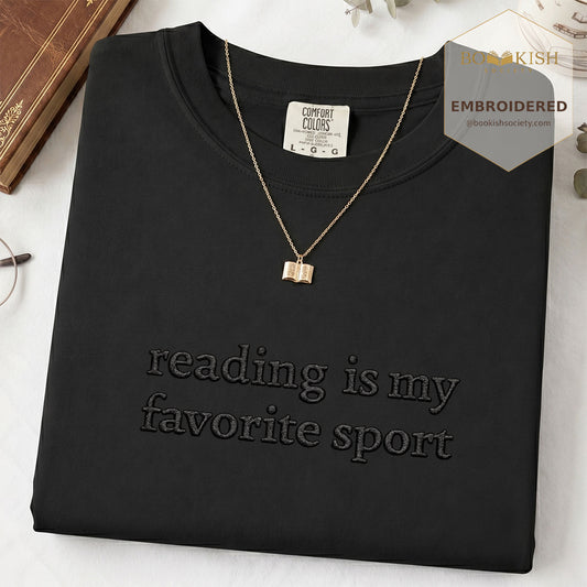 Embroidered Reading Is My Favorite Sport Comfort Color® T-shirt Book Lover Gift Black