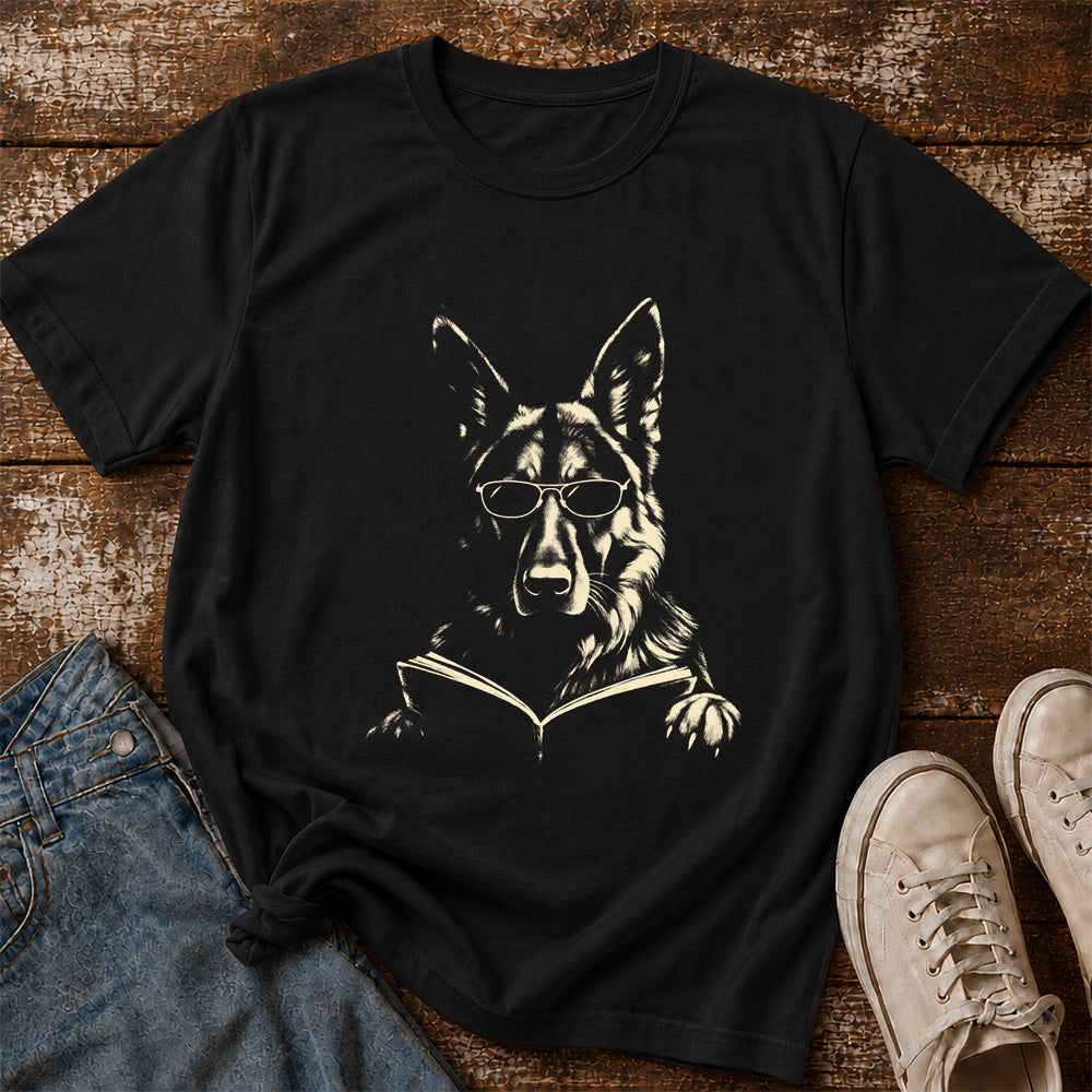German Shepherd Reading Book Softstyle T-Shirt | Book Lover Gift Black