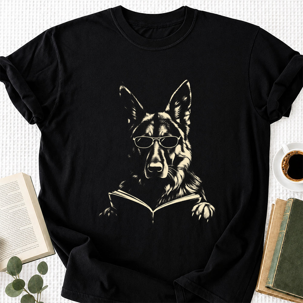 German Shepherd Reading Book Softstyle T-Shirt | Book Lover Gift Black