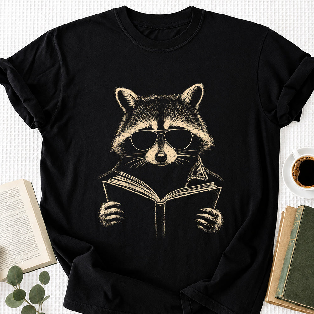 Raccoon Reading Book Softstyle T-Shirt | Book Lover Gift Black
